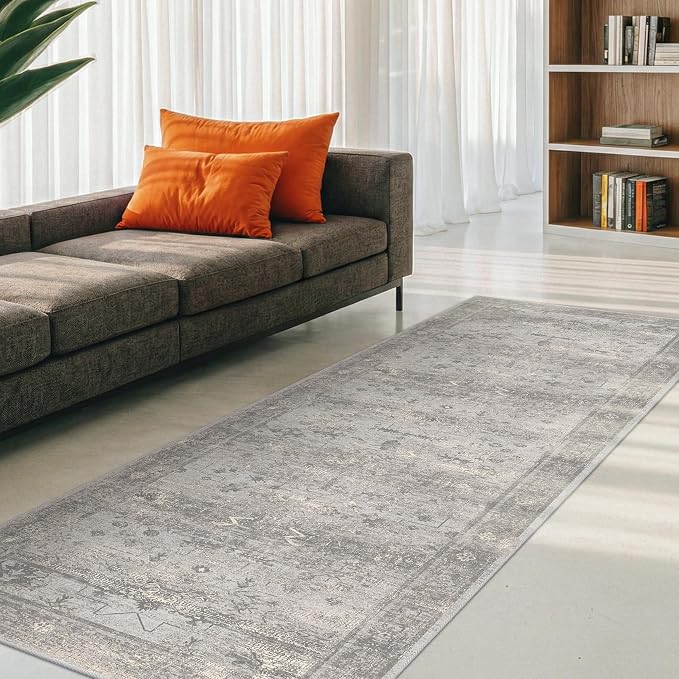TALANOVA Washable 2'6"x8' Hallway Runner Rug, Non Slip Low Pile Floor Runner for Kitchen, Living Room & Laundry Room, Mineral-Inspired Marble Pattern Neutral Gray Décor