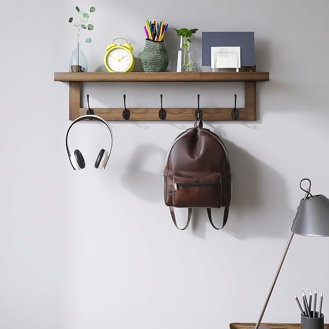 SMIBUY Coat Hooks with Shelf Wall-Mounted, 29.2 Inch Entryway Coat Rack for Wall, Bamboo Hanging Shelf with 5 Double Metal Hooks for Bathroom, Bedroom, Kitchen, Living Room, Mudroom (Walnut)