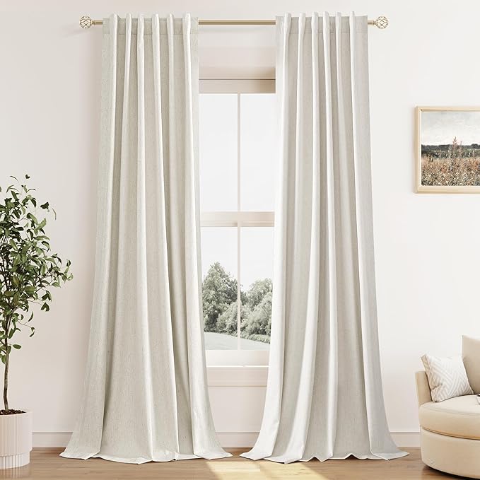 Guken Cream 100% Blackout Cream Linen Curtains 52 Inch Wide by 116 Inch 2 Panels Set for Living Room Bedroom Back Tab Thermal Insulated Black Out Drapes Room Darkening Window Curtains
