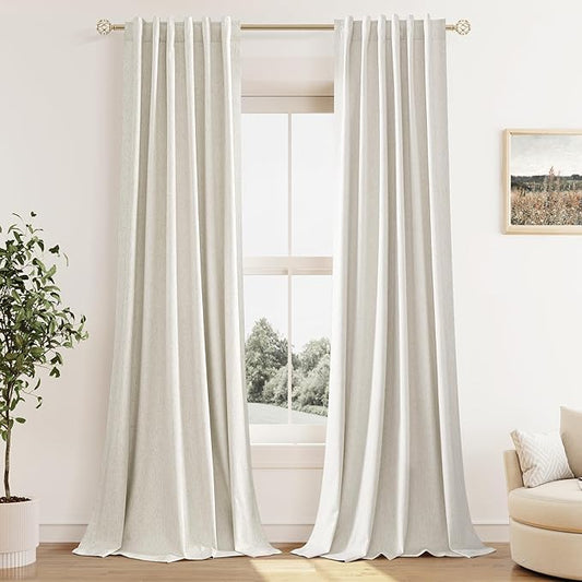 Guken 100% Blackout Cream Linen Curtains 110 Inch Wide by 52 Inch 2 Panels Set for Living Room Bedroom Back Tab Thermal Insulated Black Out Linen Drapes Room Darkening Window Curtains