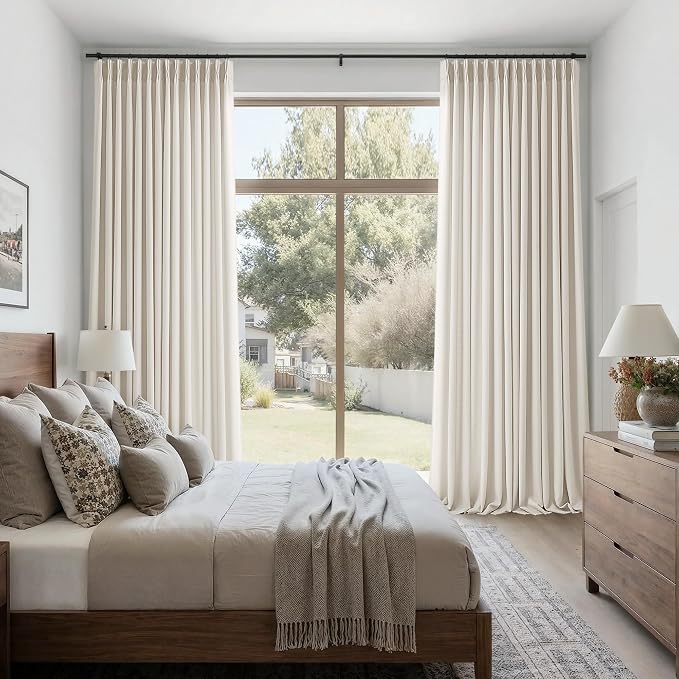 Pinch Pleated Natural Linen Curtains 105 Inches Long for Living Room Bedroom Patio Door Ceiling to Floor Custom Pinch Pleat with Hooks for Track Back Tab Light Filtering Drapes for Dining Room Cream