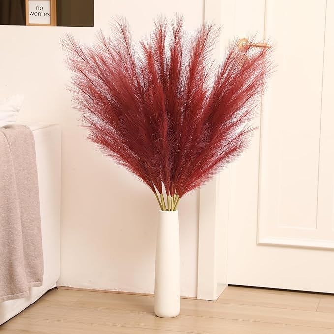 Wertuirk Burgundy Pampas Grass Decor, 8 Pcs 45 Inch Tall Large Faux Pompous Grass, Long Artificial Flowers for Floor Vases, Wedding Centerpieces, Baby Shower and Home Decoration (Burgundy)