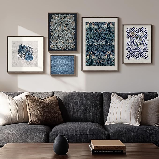 Framed William Morris Wall Art for Living Room, 5 Piece Large Vintage Blue Canvas Prints Set, Floral Botanical and Bird Pattern Aesthetic Decor for Bedroom, Hallway, Home Office, Dining Room, Guest Room