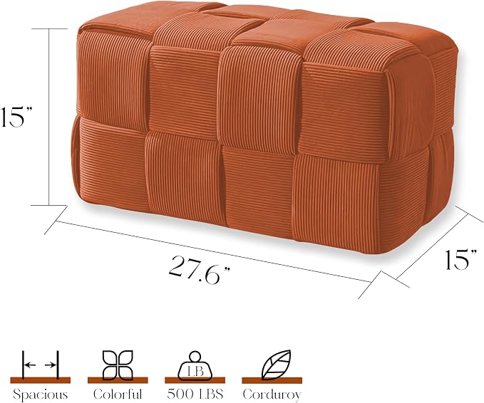 Cmishe 28" Rectangular Woven Corduroy Ottoman Footrest - Large Modern Entryway Bench & Bed End Stool, Sturdy Wood Frame, No Assembly (Orange-L)