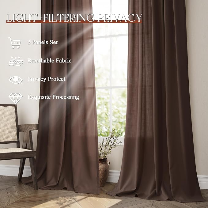 Jowels Coffee Linen Curtains 102 Inch Long 2 Panels for Living Room | Brown Light Filtering Semi Sheer Curtain,Back Tab Pocket Pleated Look,Farmhouse Textured Privacy Drapes for Bedroom Window