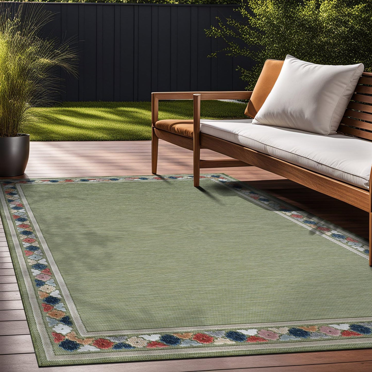 Beverly Rug Outdoor Rug 8x10 Modern Bordered Area Rugs for Indoor and Outdoor Patio Easy to Clean Non Shedding Living Room Porch Garden Washable Outside Carpet (8 x 10 Green)