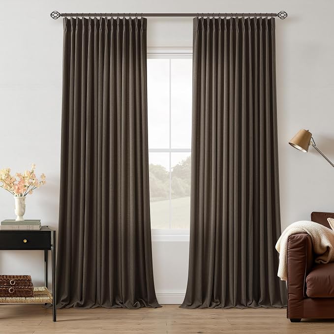 Chocolate Brown Pinch Pleated Curtains 90 Inches Long for Living Room Bedroom 2 Panels Linen Textured Luxury Modern Aesthetic Light Filtering Semi Sheer Pleat Window Drape Hooks Rings 40x90 Length