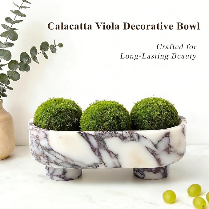 Natural Oval Marble Fruit Bowl, Two-Legged Decorative Bowl Calacatta Viola | 10" Large Handcrafted Marble Catchall Bowl for Home Decor. Fruit Basket Bowl, Entryway Bowl, Pedestal Bowl for Dining Table