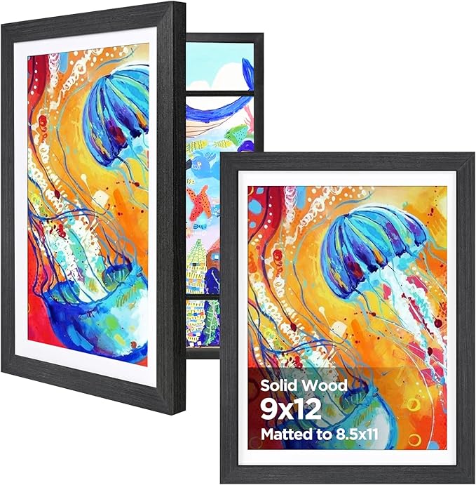KINLINK 9x12 Kids Art Frame Set of 2, Solid Wood Kids Artwork Frames Changeable with Front Opening Hold 150 Pictures, Art Frames for Kids Art with Mat，without Mat 9x12 Picture Frame Black Wood