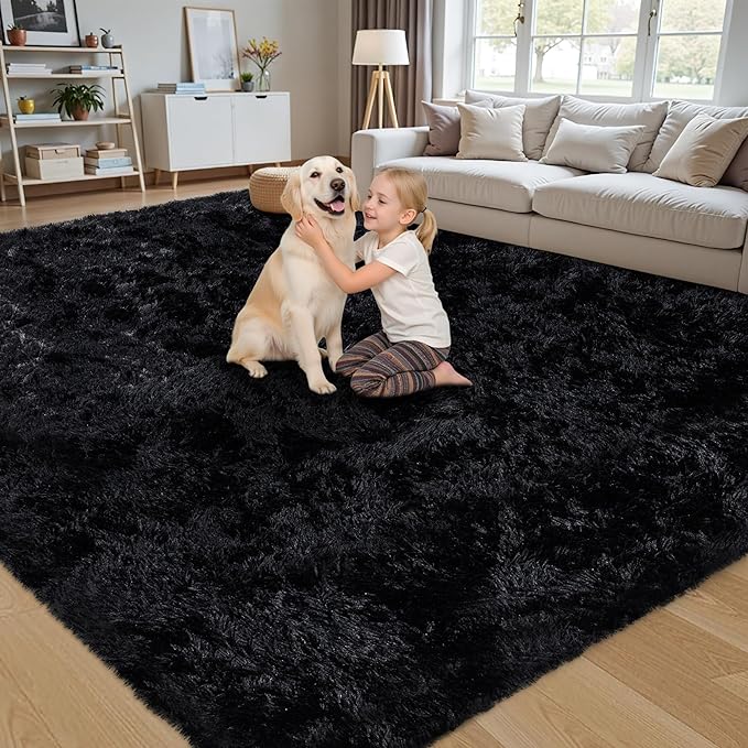 8x10 Area Rug for Living Room:Ultra Soft Fluffy Shag Black Rugs,Large Fuzzy Plush Indoor Non Slip Carpet Washable Rug for Bedroom Kids Nursery Office Dorm Modern Decor(Black)