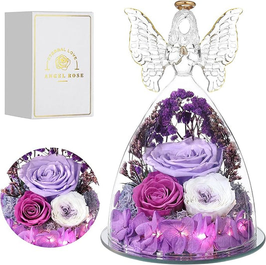 Mothers Day Rose Gifts for Women Preserved Real Flower in Glass Angel Figurines Roses for Delivery Prime Birthday Gifts for Mom Grandma Girlfriend Wife Her, Light Purple Austin Roses