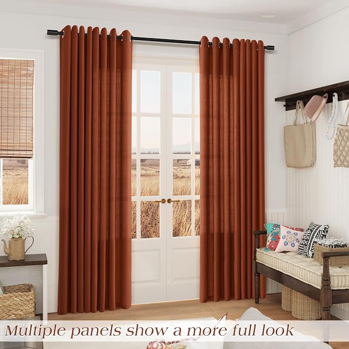 Terracotta Linen Curtains 96 Inch Length for Living Room Grommet Semi Sheer Light Reducing Curtain Drapes 2 Panel Set Airy Lightweight Privacy Textured Window Treatments Panel for Bedroom 8Ft Tall