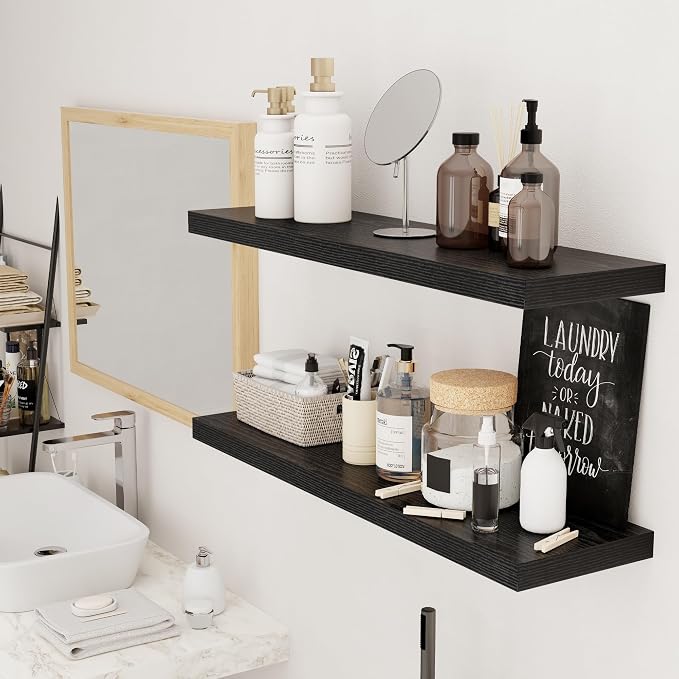 Black Floating Shelves for Wall, 36 inch Wooden Wall Mounted Shelves, 9.3in Deep Floating Book Shelves, Large Display Shelves for Bathroom Kitchen Living Room, 36"W x 9.3"D x 1.5"H, 2 Packs