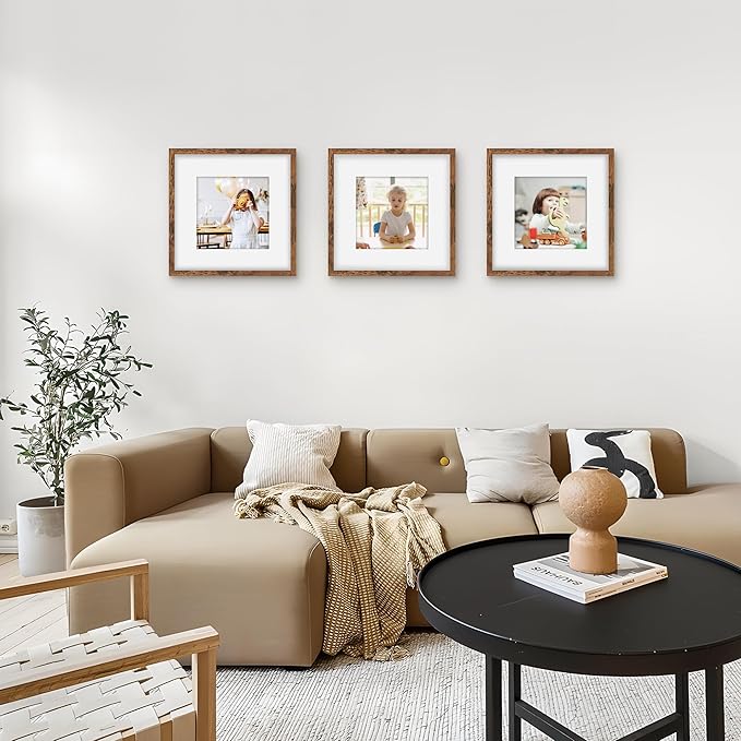 Picrit 12x12 Picture Frame Set of 12, Display 8x8 with Mat or 12 x 12 without Mat, Photo Frames for Wall Mounting Display, Brown