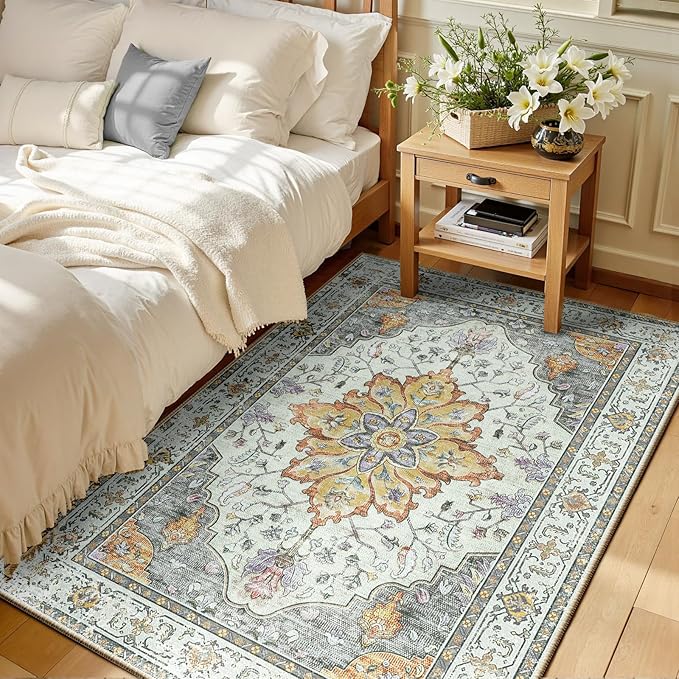 RELEANY Area Rugs 3'x5' Washable Non-Slip, Floral Vintage Distress Print Pattern Medallion Carpet for Living Room Bedroom Dining Room, Light Yellow Carbon Grey Orange