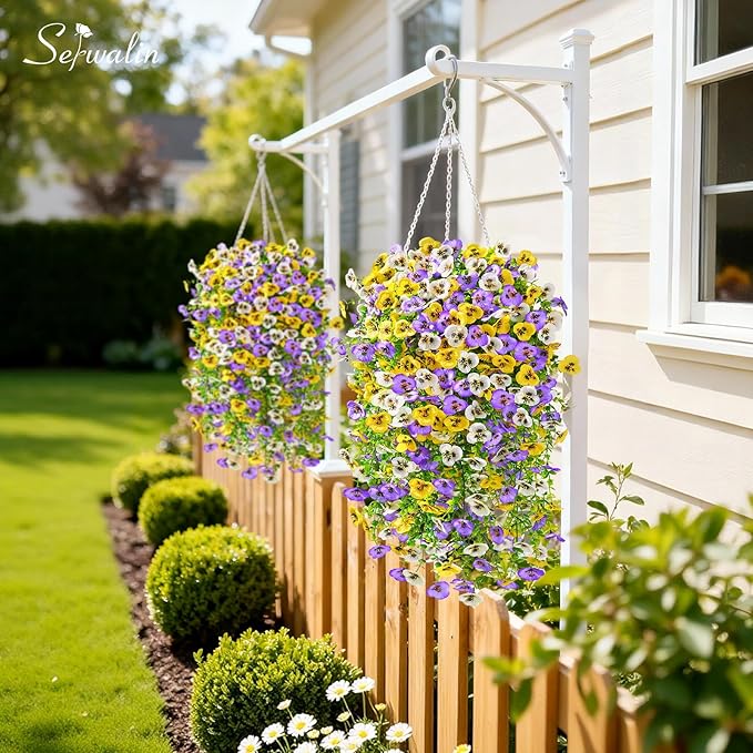 Serwalin Artificial Fake Hanging Flowers for Outdoors Planters,6PCS UV Resistant Faux Pansy Spring Flowers for Outside Porch Patio Garden Window Box (Yellow Purple White)