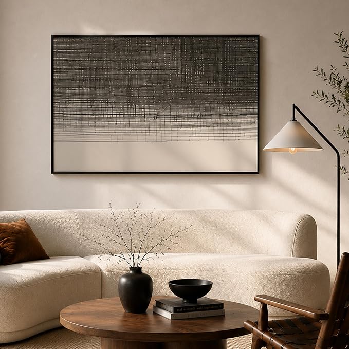 CCPEAR Large Abstract Line Wall Art, Modern Neutral Minimalist Black and White Textured Canvas Painting, Framed Geometric Wall Decor for Living Room Bedroom Office, Ready to Hang, 48x32 Inch