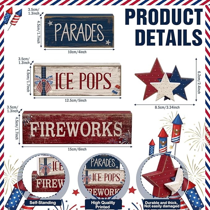 4 Pcs 4th of July Decorations Patriotic Tiered Tray Decor Memorial Day Tabletop Decoration Red White Blue Table Centerpieces Parades Star Decorative Trays for Tiered Tray Home Shelf 250th Anniversary