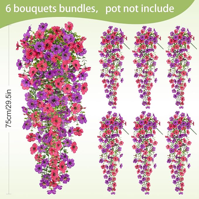 Artificial Flowers for Outdoors Spring Decor, 6 Bundles UV Resistant Realistic Faux Silk Hanging Flowers, Fake Plants for Planter Indoor Outside Garden Porch Patio Balcony Yard(Fuchsia Purple)