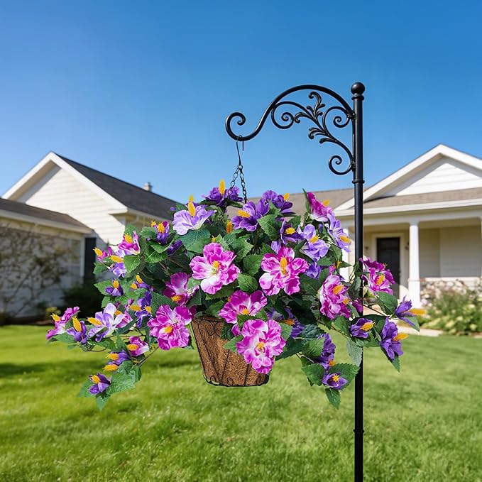 INXUGAO Artificial Flowers for Outdoors Indoors,3 Bunches Fake Hibiscus with Hanging Basket Realistic UV Resistant Silk Flower Leaves,Faux Plant for Outside Home Patio Garden Poch(Purple,Fuchsia)