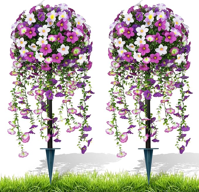 Artificial Morning Glory Topiary Trees Set of 2, Purple Fake Shrubs Bushes with Ground Spike, Faux Evergreen for Porch Plants, UV Resistant Artificial Flowers for Outdoors Indoor Front Garden