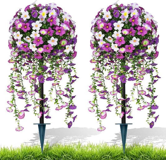 Artificial Morning Glory Topiary Trees Set of 2, Purple Fake Shrubs Bushes with Ground Spike, Faux Evergreen for Porch Plants, UV Resistant Artificial Flowers for Outdoors Indoor Front Garden