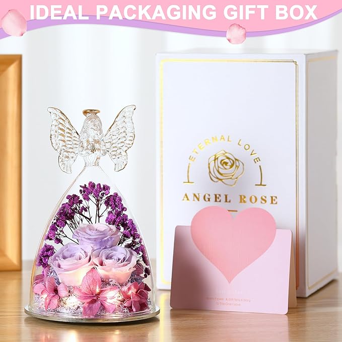 Mothers Day Rose Gifts for Women Preserved Real Flower in Glass Angel Figurines Roses for Delivery Prime Birthday Gifts for Mom Grandma Girlfriend Wife Her, Pinkpurpurple