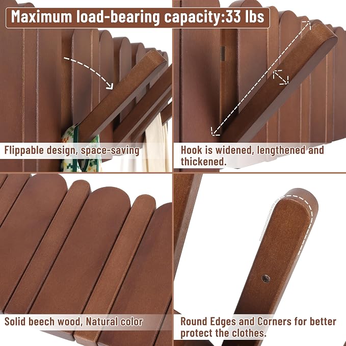 Wall Coat Rack for Entryway: Wooden Modern Heavy Duty 8 Hooks 21.6'' Retractable Wall Mounted for Mid Century Home Decor Hallway Bathroom Bedroom for Hanging Jacket Towel Backpack Bag