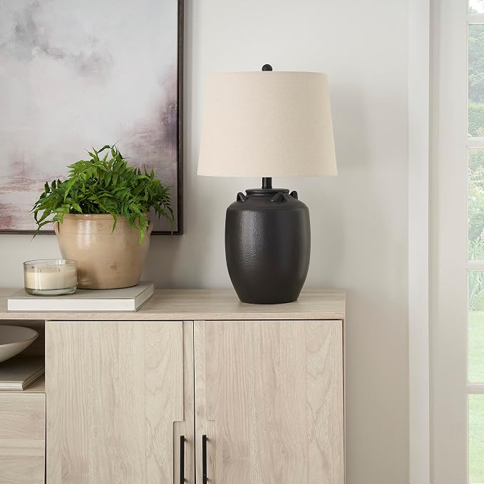 Nourison Home 24" Black Farmhouse Ceramic Pottery Jug Table Lamp for Bedside Table, Living Room, Office, Entryway