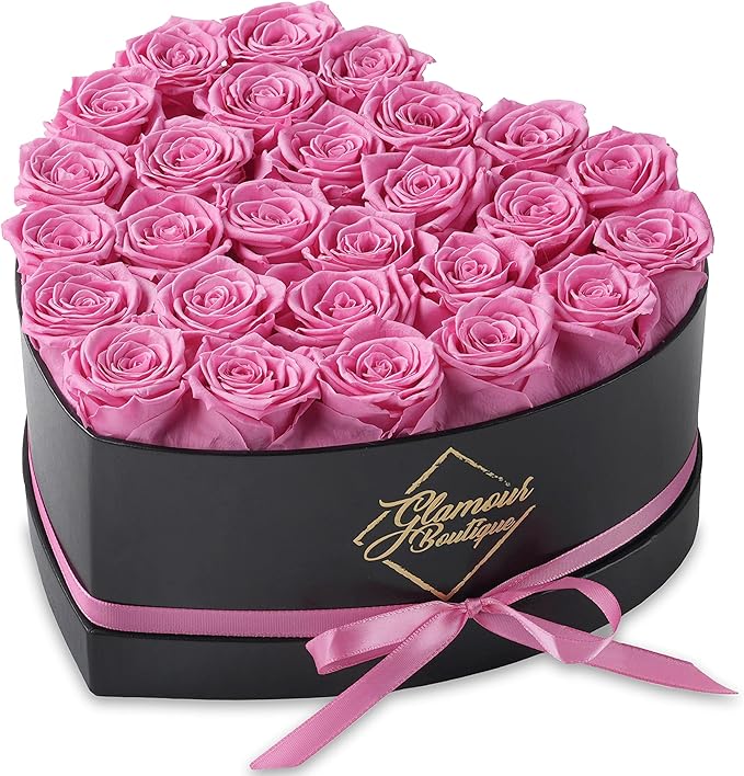 GLAMOUR BOUTIQUE 27 Flower Forever Heart Shape Box, Eternal Preserved Roses Gift for Her, Lasting Flowers, Premium Floral Heart Box for Birthday, Anniversary or Valentine’s Day, Pink (Color-Treated)