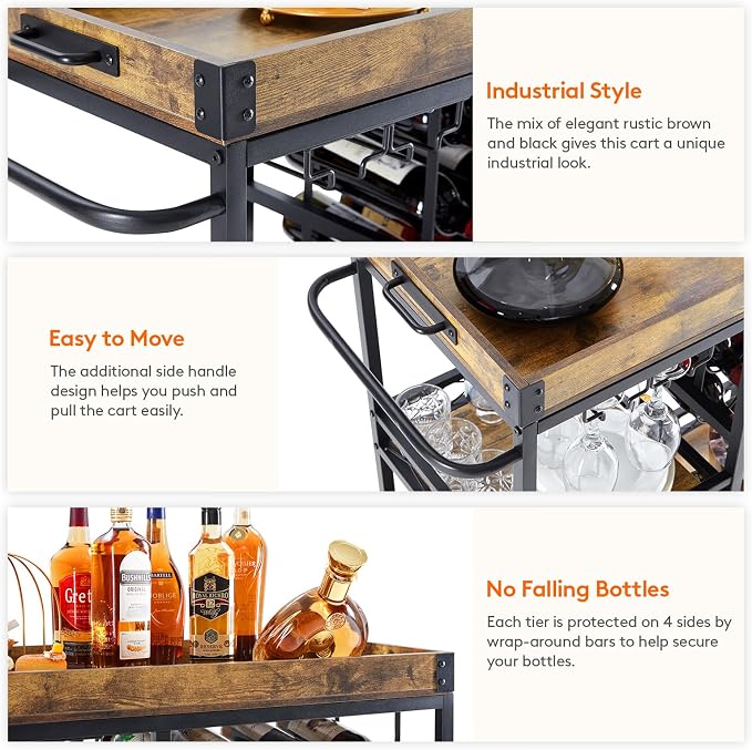 Lifewit Bar Cart, Home Bar Serving Cart, 3 Tier Drink Cart with 12 Wine Bottle Racks, Liquor Beverage Cart for Kitchen Dining Livingroom, 30 x 15.7 x 36.6 inch, Removable Top Tray, Rustic Brown