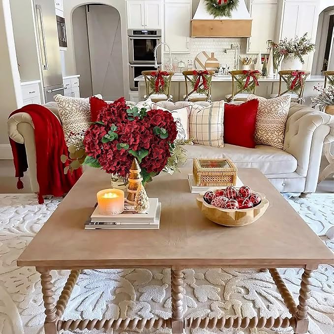 JINWOE Red Christmas Flowers Silk Hydrangea Artificial Flowers, 5Pcs 20Inch Large Lifelike Flowers,Halloween Artificial Hydrangeas for Bouquet Table Centerpieces Floral Arrangements Home Wedding