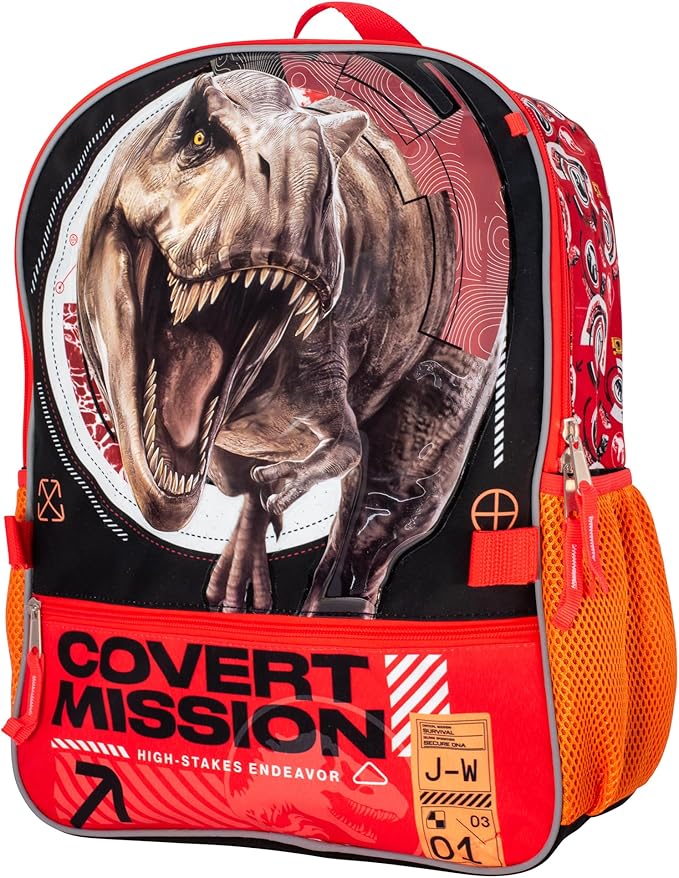 AI ACCESSORY INNOVATIONS Jurassic World 5 PC Backpack Set, Girls & Boys Big Face School Bag 16” with Front Zip Pocket