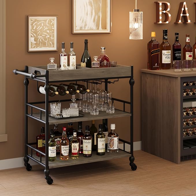 IDEALHOUSE Bar Cart, 3 Tier Bar Carts for Home with Wheels, Metal Rolling Serving Cart with Wine Rack & Glass Holder, Removable Tray and Storage Shelves for Kitchen, Dining Room, Living Room – Grey