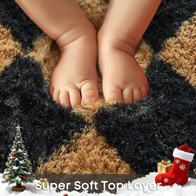 Ophanie Black & Beige Diamond Checkered Rugs for Living Room Bedroom, Rhombus Fluffy Soft Cute Fuzzy Area Rug, Plush Shaggy Bedside Floor 4x6 Furry Carpet for Kids Baby Teen Dorm Home Decor Aesthetic