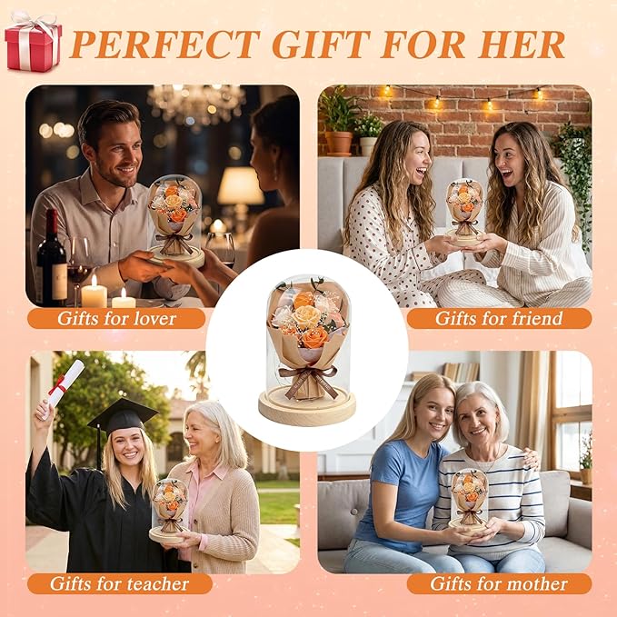 BORNA Preserved Flower in Glass Dome, Champagne Forever Eternal Rose Gift for Mother's Day, Birthday, Valentine's Day, for Mom Wife Daughter Girlfriend
