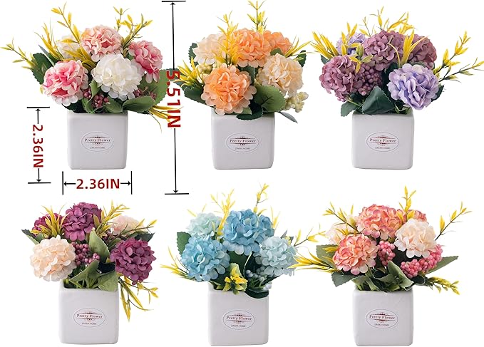 6Pcs Artificial Flowers with Ceramic Pot Small Fake Hydrangea Flowers Arrangements Faux Spring Flowers in Vase Home Spring Decor, Centerpiece Table Decorations for Farmhouse Office Shelf Dining Table
