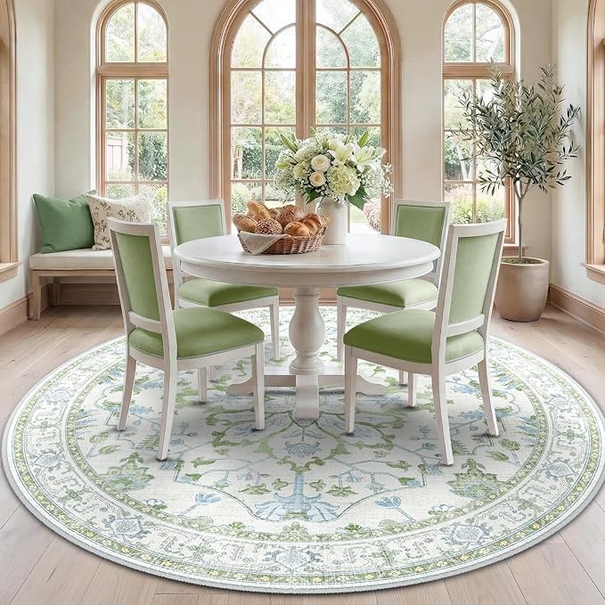 RELEANY Area Rugs Round 7ft Washable Non-Slip, Floral Vintage Distress Print Pattern Medallion Carpet for Living Room Bedroom Dining Room, Green White Blue