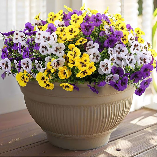 Rowfad 18 Pcs Artificial Fake Pansy Flowers for Outdoor, Faux Silk Pansies Spring Flowers for Outside for Planter Front Door Porch Yard Patio Window Box Home Decor (18, Purple, Yellow, White)