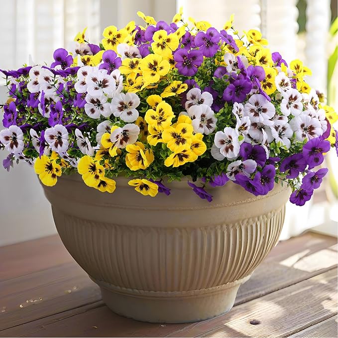 Rowfad 36 Pcs Artificial Fake Pansy Flowers for Outdoor, Faux Silk Pansies Spring Flowers for Outside for Planter Front Door Porch Yard Patio Window Box Home Decor (36, Purple, Yellow, White)