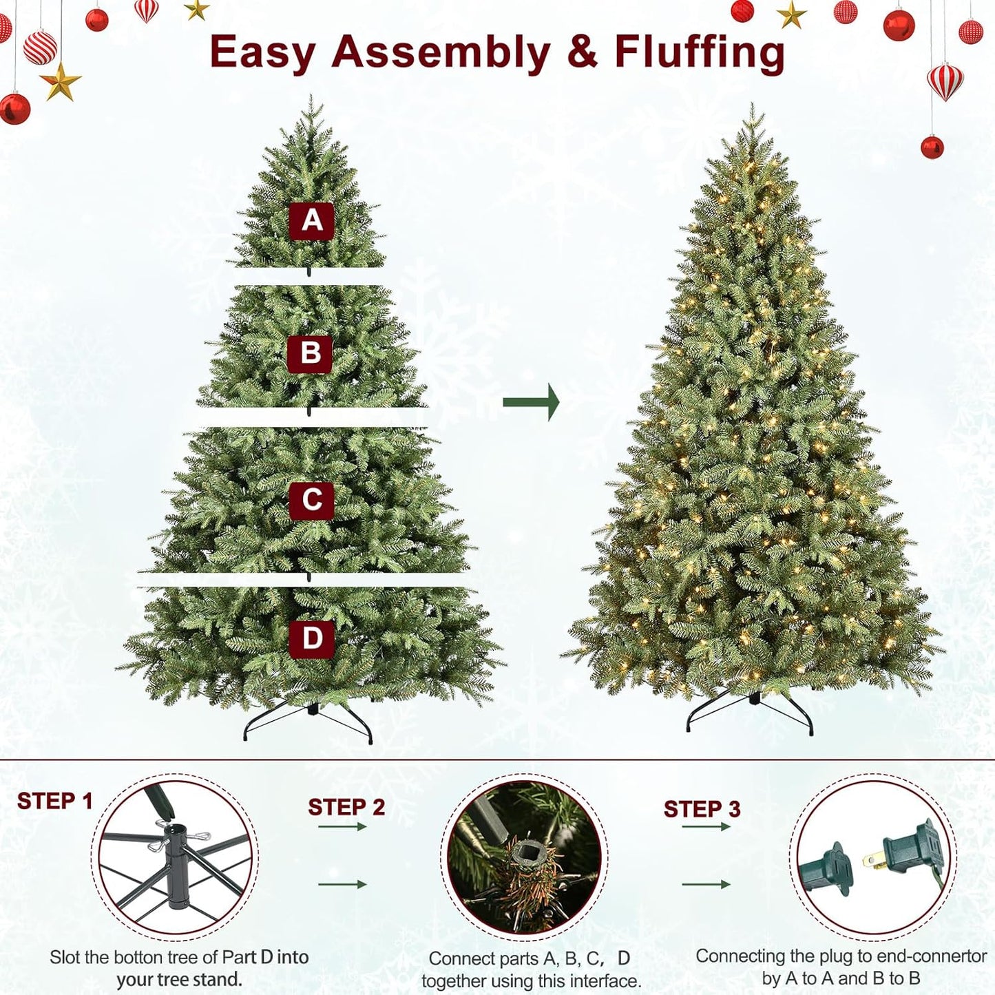 8FT Pre-Lit Artificial Christmas Tree with 2748 PE&PVC Mixed Branch Tips, 600 Warm White Lights, Hinged Premium Spruce Fake Xmas Trees, Green, Foldable Base