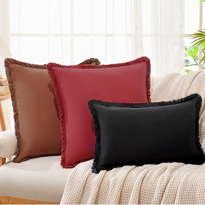 ZWJD Pillow Covers 24x24 Set of 2 Coffee Throw Pillow Covers with Fringe Chic Cotton Decorative Pillows Square Cushion Covers for Sofa Couch Bed Living Room Farmhouse Boho Decor