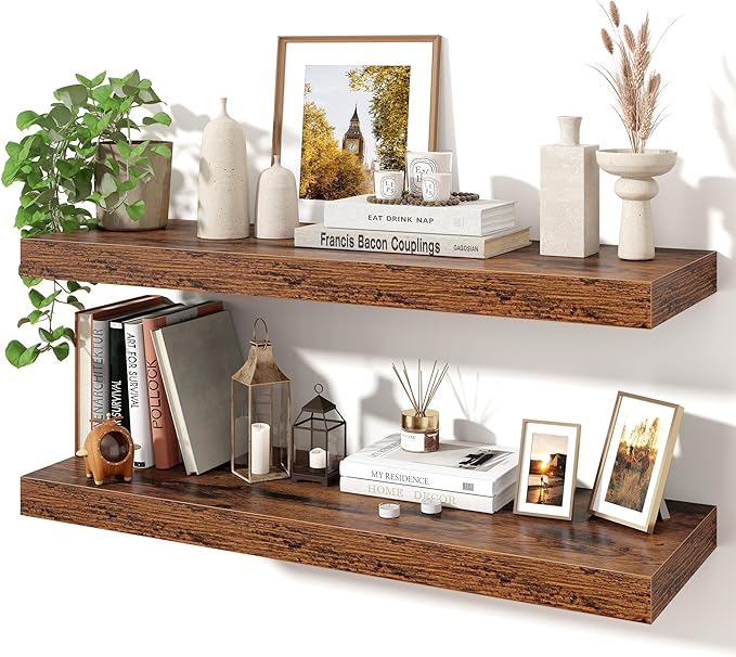 Axeman 32Inch Floating Shelves for Wall, 2 Pack Shelves for Bedroom, Bathroom, Kitchen, Hanging Wall Mounted Rustic Wood Shelf with Invisible Brackets for Books Decor, Rustic Brown