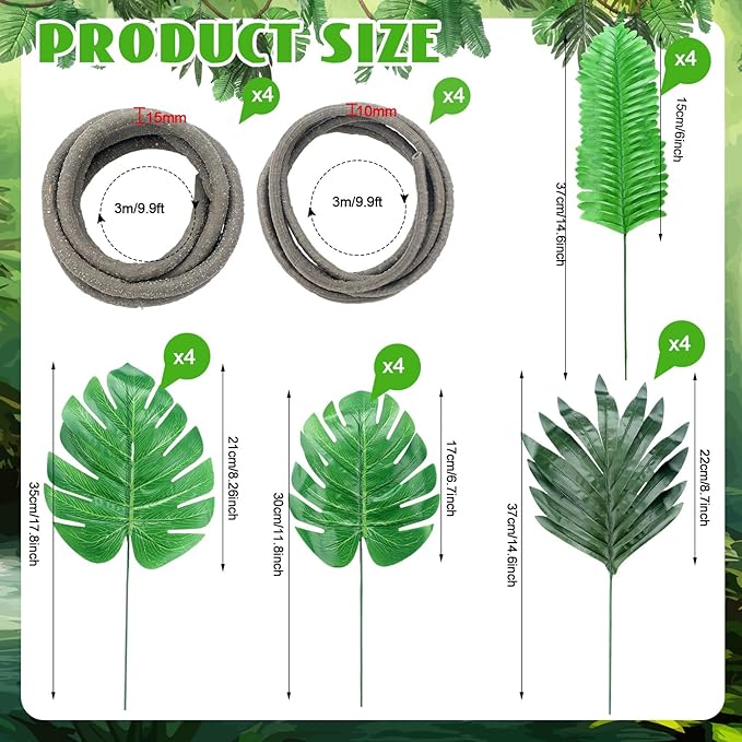 Preboun 102 Pcs 40 ft Jungle Theme Party Decorations Tropical Rainforest Leaves Safari 2026 VBS Artificial Rattan Vines Decoration with 100 Pcs Fake Tropical Palm Leaves for Indoor Outdoor Decor