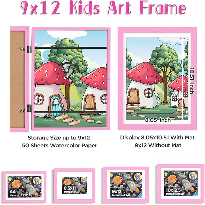 KINLINK 9x12 Kids Art Frame Set of 2, Solid Wood Kids Artwork Frames Changeable with Front Opening Hold 150 Pictures, Art Frames for Kids Art with Mat，without Mat 9x12 Picture Frame Pink
