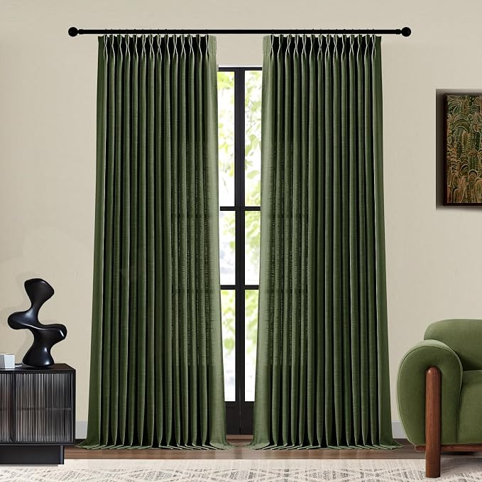 Olive Green Christmas Curtains for Living Room Pinch Pleated Linen Curtain 96 Inches Long, Loden Light Filtering Pleat Drapes Thick Ceiling Semi-Sheer Window Curtain with Hooks for Bedroom, 2 Panels