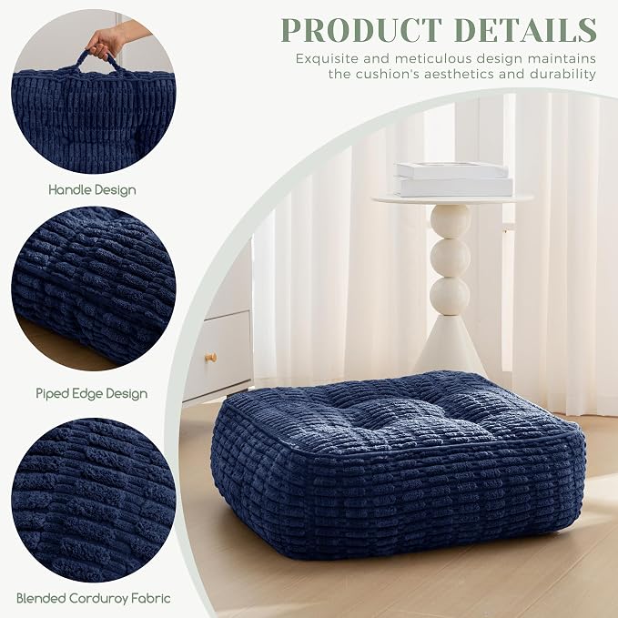 HIGOGOGO 8" Floor Pillow Cushion for Adults, Meditation Cushion Pillow, Blended Corduroy Cover, Large Square Floor Sitting for Tatami Living Room or Yoga, 22x22 Inch, Navy