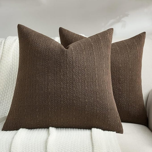 FUTEI Dark Coffee Chenille Throw Pillow Covers 18x18 Inch Set of 2,Soft Striped & Diamond Textured Cushion Cases,Modern Home Decor for Couch Living Room