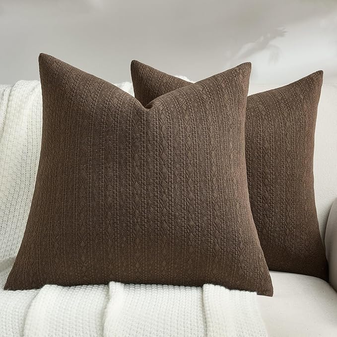 FUTEI Dark Coffee Chenille Throw Pillow Covers 26x26 Inch Set of 2,Soft Striped & Diamond Textured Euro Pillow Shams,Modern Home Decor for Couch Living Room