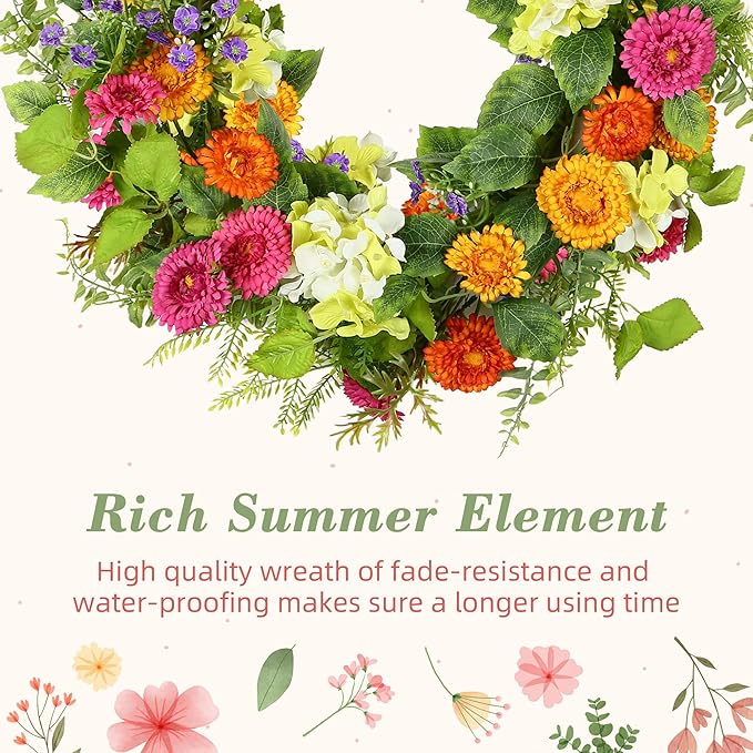 YNYLCHMX 18" Spring Summer Wreaths for Front Door, Artificial Floral Wreath with Daisy Flowers Green Tea Leaves, Green Foliage Wreath for Wall Window Farmhouse Party Holiday Home Decor